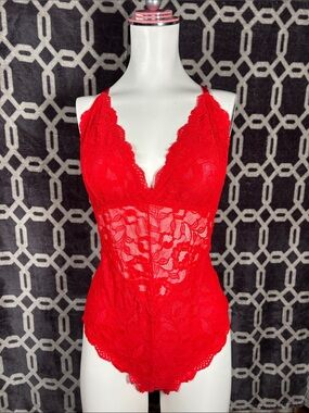 Red Lace Plunge Bodysuit Chemise — Delicate Lace Detail